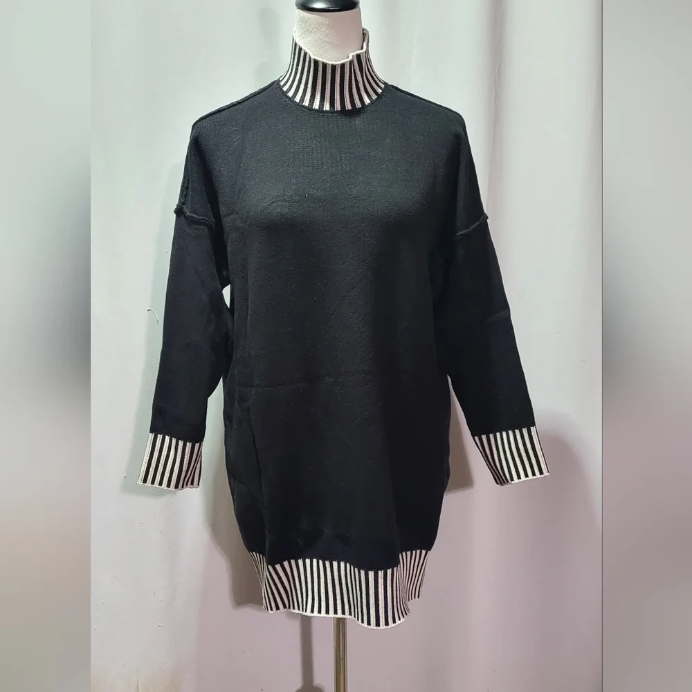 Pullocardi Black Sweater Dress Striped Trim Mock Neck Size M - Picture 4 of 9